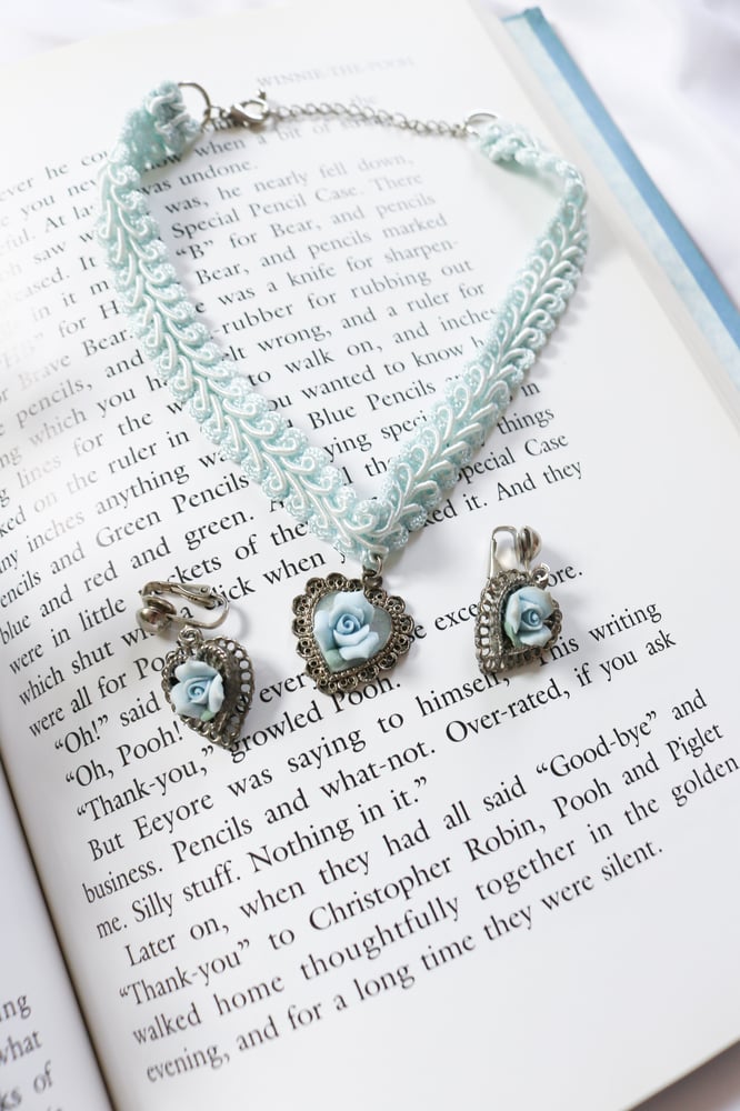 Image of Vintage Cinderella Style Three Piece Blue Rose Jewelry Set