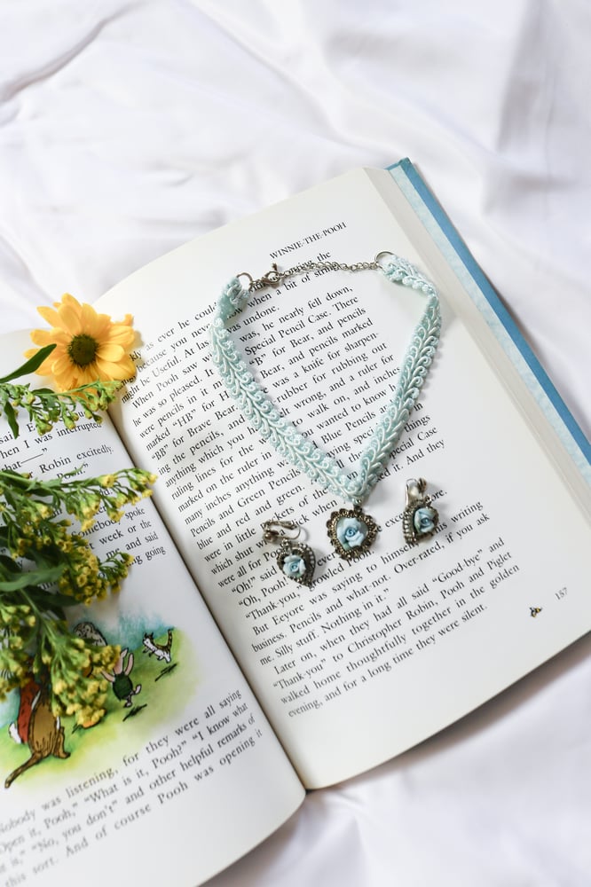 Image of Vintage Cinderella Style Three Piece Blue Rose Jewelry Set