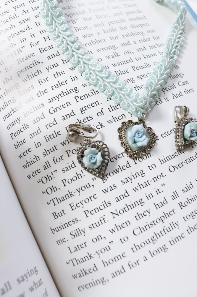 Image of Vintage Cinderella Style Three Piece Blue Rose Jewelry Set