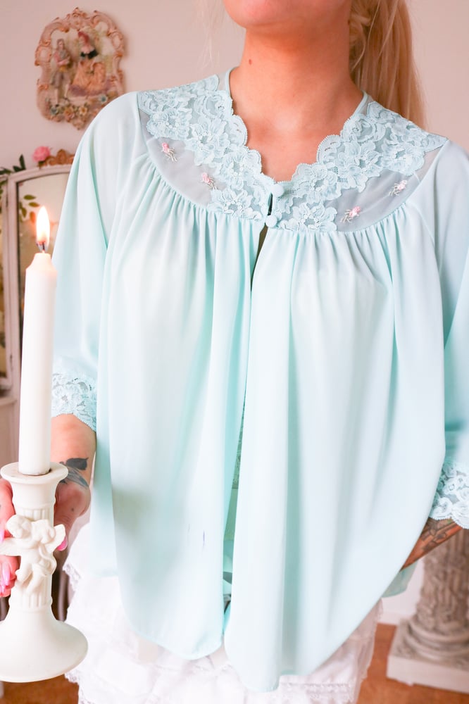 Image of Vintage 1970s Shadowline Pastel Blue Bed Jacket (Medium)
