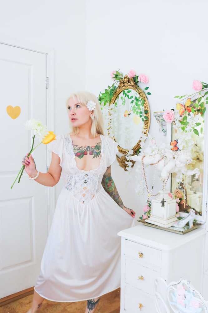 Image of Vintage Angelic Nylon Nightgown with Floral Lace Bust (Small)