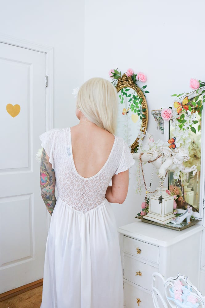 Image of Vintage Angelic Nylon Nightgown with Floral Lace Bust (Small)