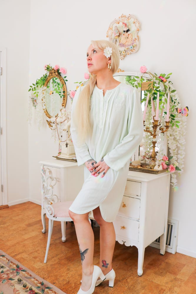 Image of Miss Elaine Pastel Mint Green Long Sleeved Nightgown with Floral Embroidery (Medium)