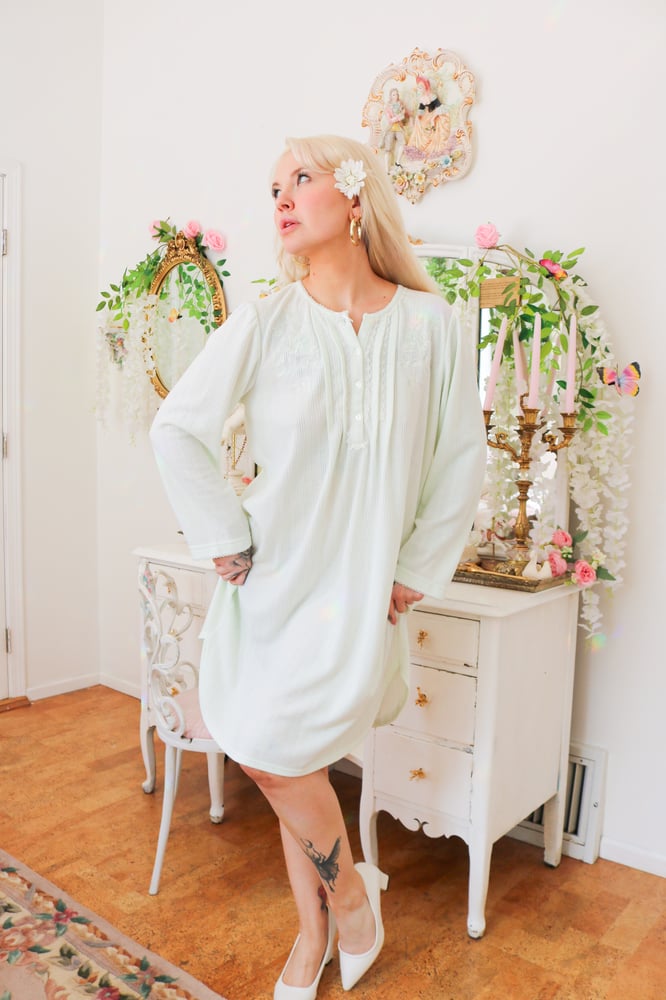 Image of Miss Elaine Pastel Mint Green Long Sleeved Nightgown with Floral Embroidery (Medium)