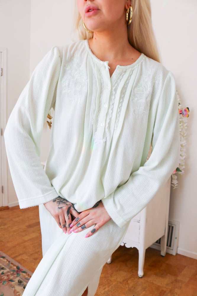 Image of Miss Elaine Pastel Mint Green Long Sleeved Nightgown with Floral Embroidery (Medium)