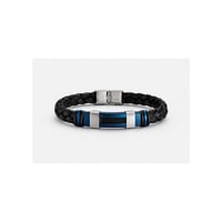 Men’s Braided Leather Bracelet (Black & Blue Steel Accent)