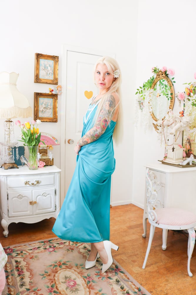 Image of Vintage 1980s Undercover Wear Aqua Blue Flowing Mermaid Nightgown (Medium)