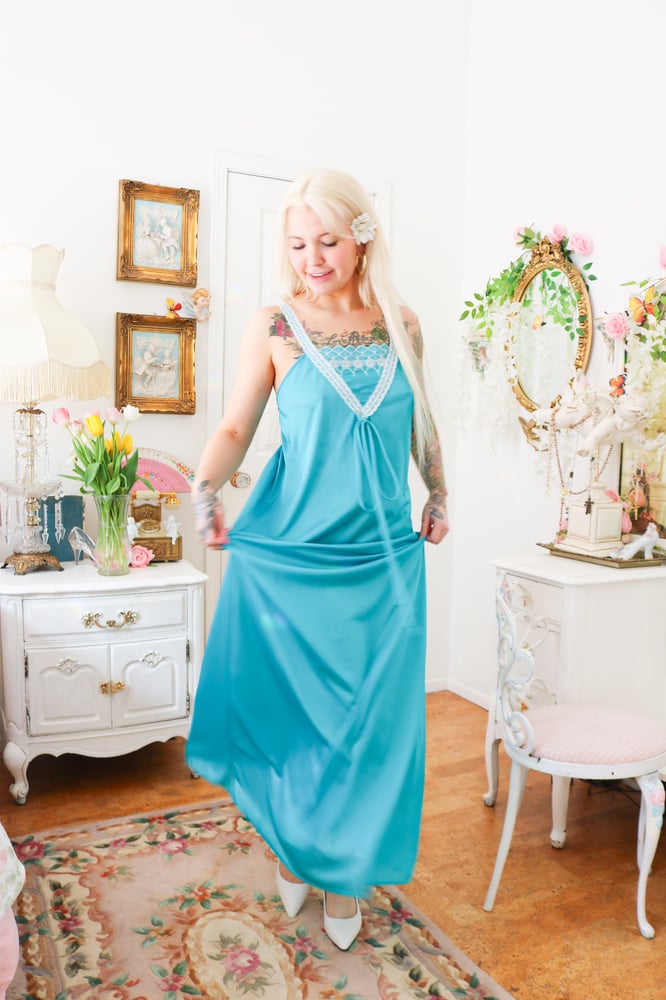 Image of Vintage 1980s Undercover Wear Aqua Blue Flowing Mermaid Nightgown (Medium)