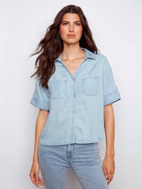 Short Sleeve Button-Front Tencel Shirt - Light Blue
