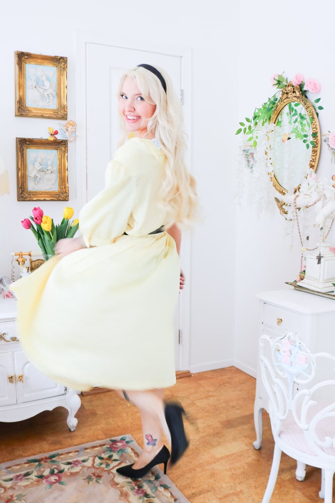 Image of Vintage 1980s Union Made Lorac Original Yellow Belt Geo Dress (Large)