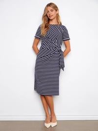 Striped Cotton Boat Neck Dress - Navy