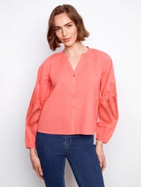 Cotton Button-Front Embroidered Blouse - Sorbet