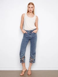 Cropped Embroidered Flare Jeans - Medium Blue