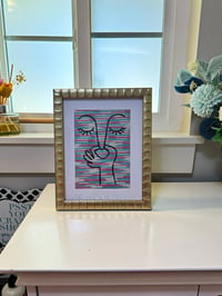 Image 2 of Stitched Canvas Face Art, Colorful Textured Wall Piece, Gold Framed Bathroom Decor