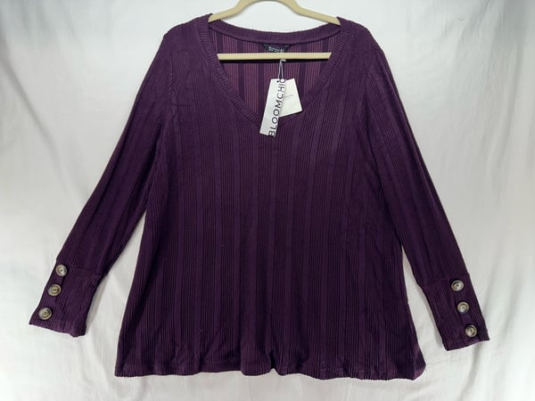 Image of Bloomchic Rib Knit V Neck Button Detail Long Sleeve Shirt Eggplant Size 14 - 16 Free Shipping 