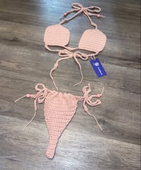 Image 1 of Crochet Pink Plush Thong Bikini