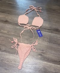 Image 4 of Crochet Pink Plush Thong Bikini