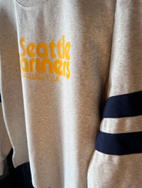 Image 4 of Seattle Mariners Baseball Club Sweatshirt | Heather Gray Navy Striped Sleeves Pullover