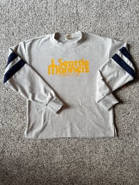 Image 5 of Seattle Mariners Baseball Club Sweatshirt | Heather Gray Navy Striped Sleeves Pullover