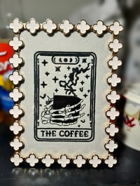 Image 1 of Embroidered Tarot Coffee Art | Framed Textile Kitchen Decor | Witchy Gothic Shelf Art | Framed Art