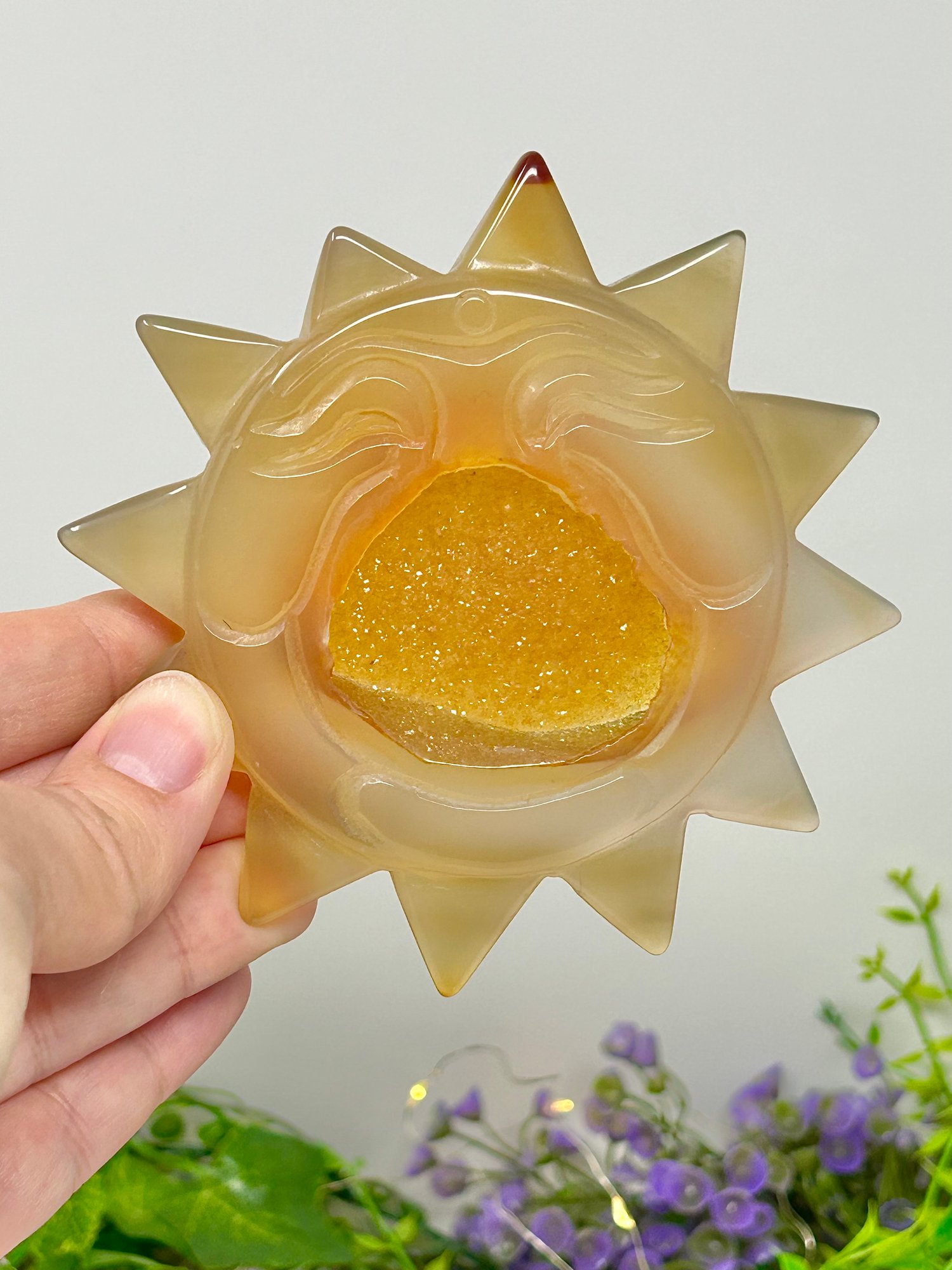 Image of OOAK Yawning Sun Hand Carved Natural Agate Crystal
