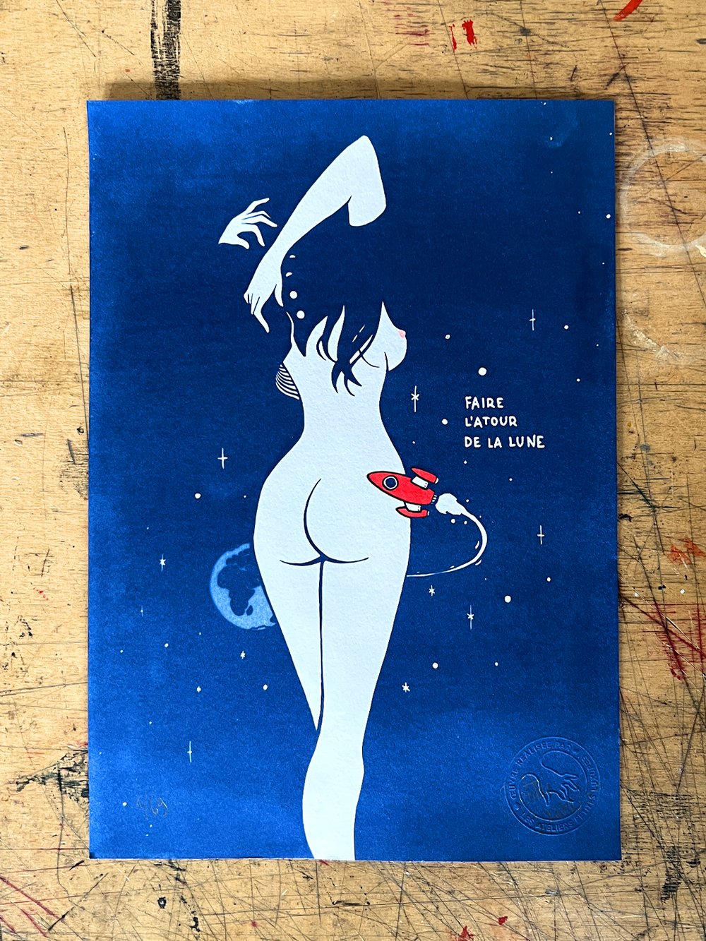 Image of "Faire l'atour de la Lune" cyanotype + handmade watercolor & phosphorescent paint