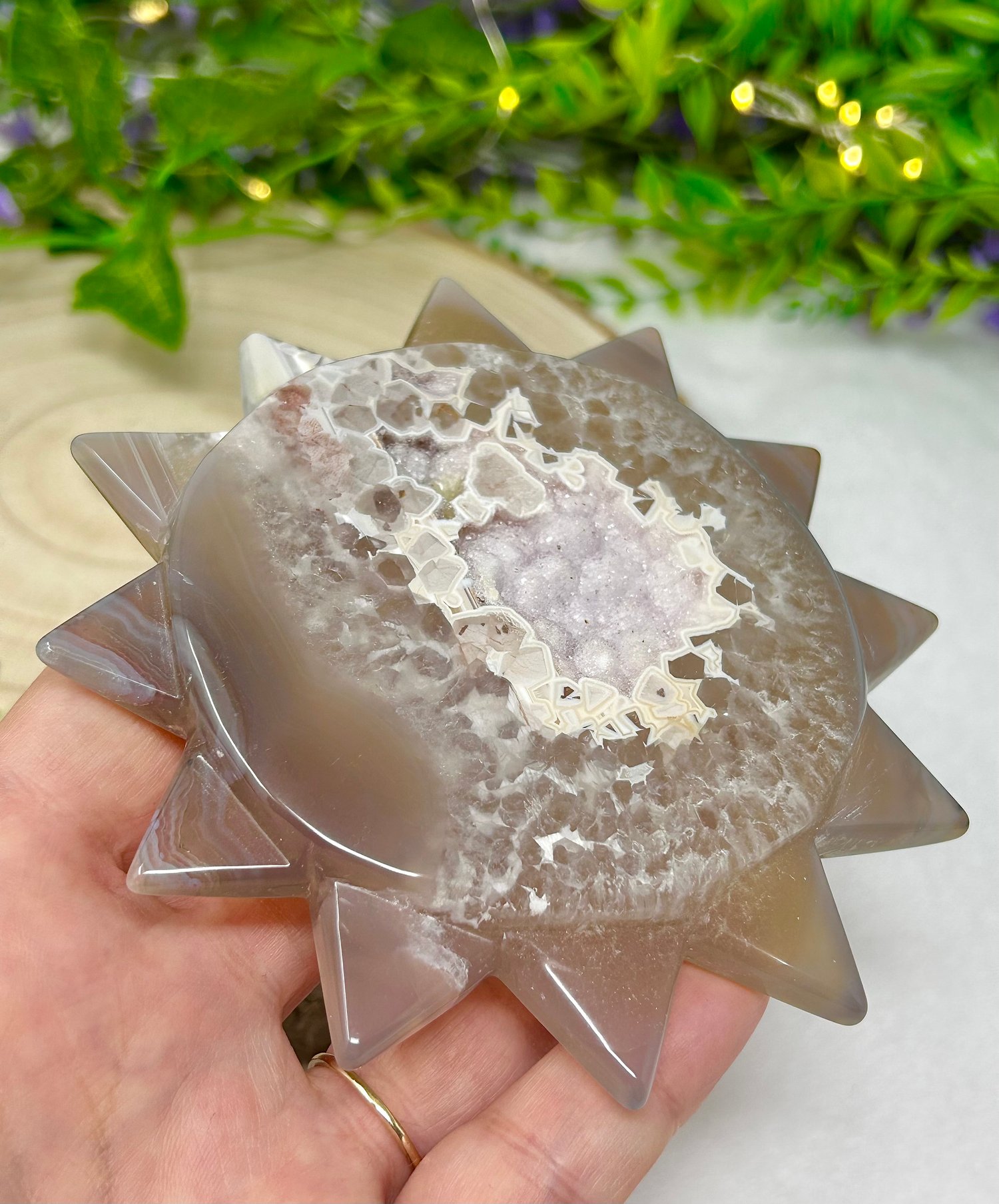 Image of OOAK Rare Natural Lilac Hand Carved Agate Crystal Sun