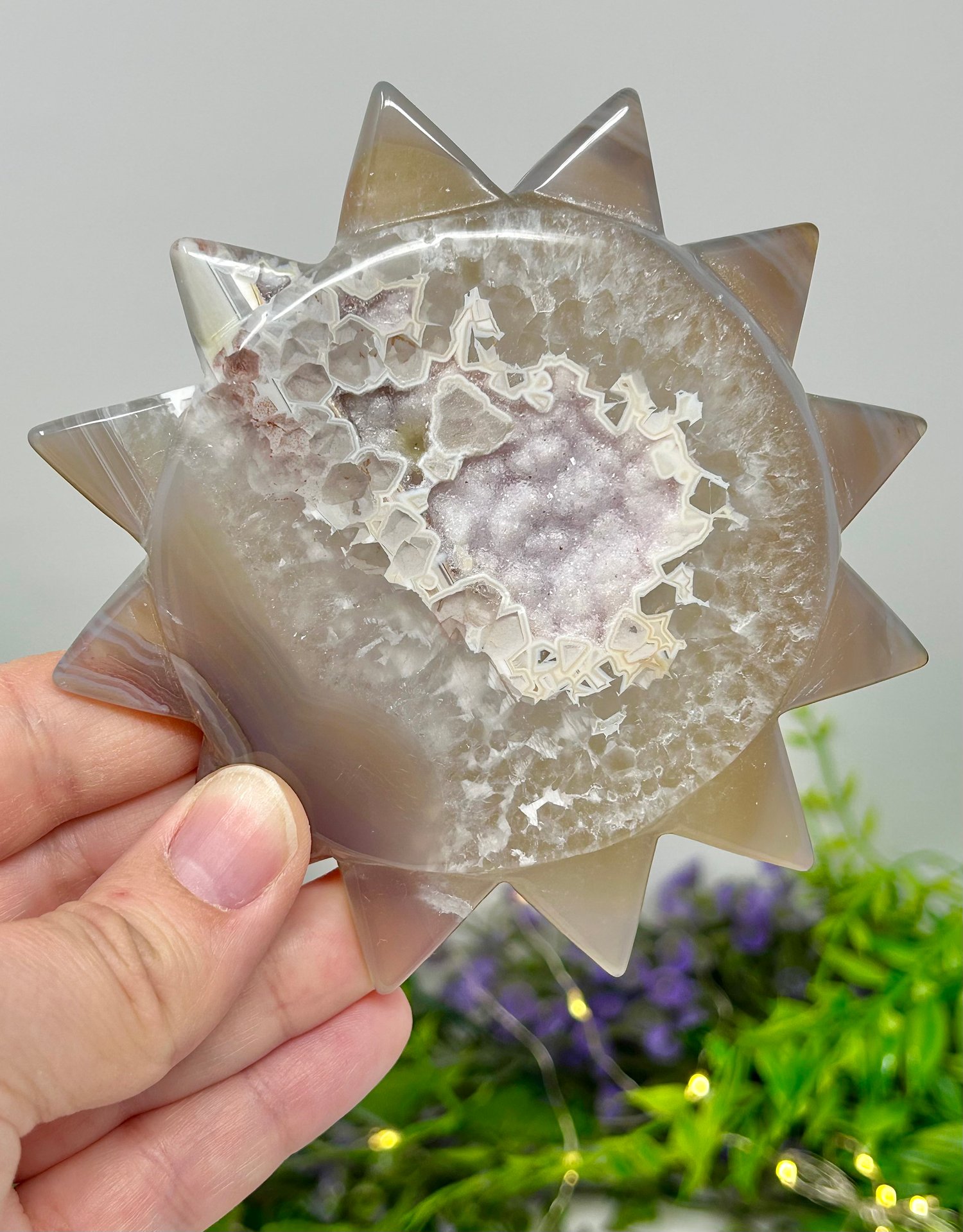 Image of OOAK Rare Natural Lilac Hand Carved Agate Crystal Sun