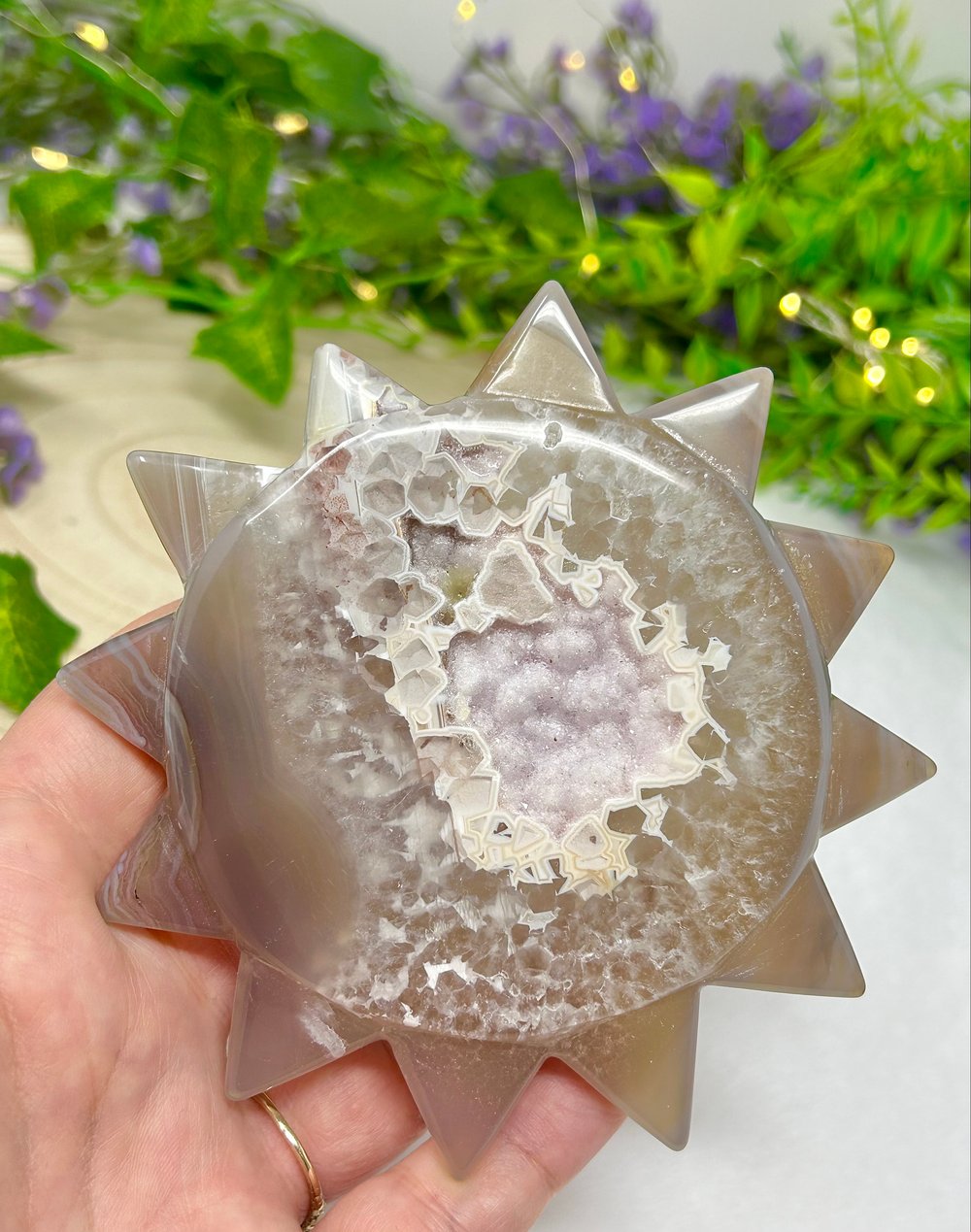 Image of OOAK Rare Natural Lilac Hand Carved Agate Crystal Sun