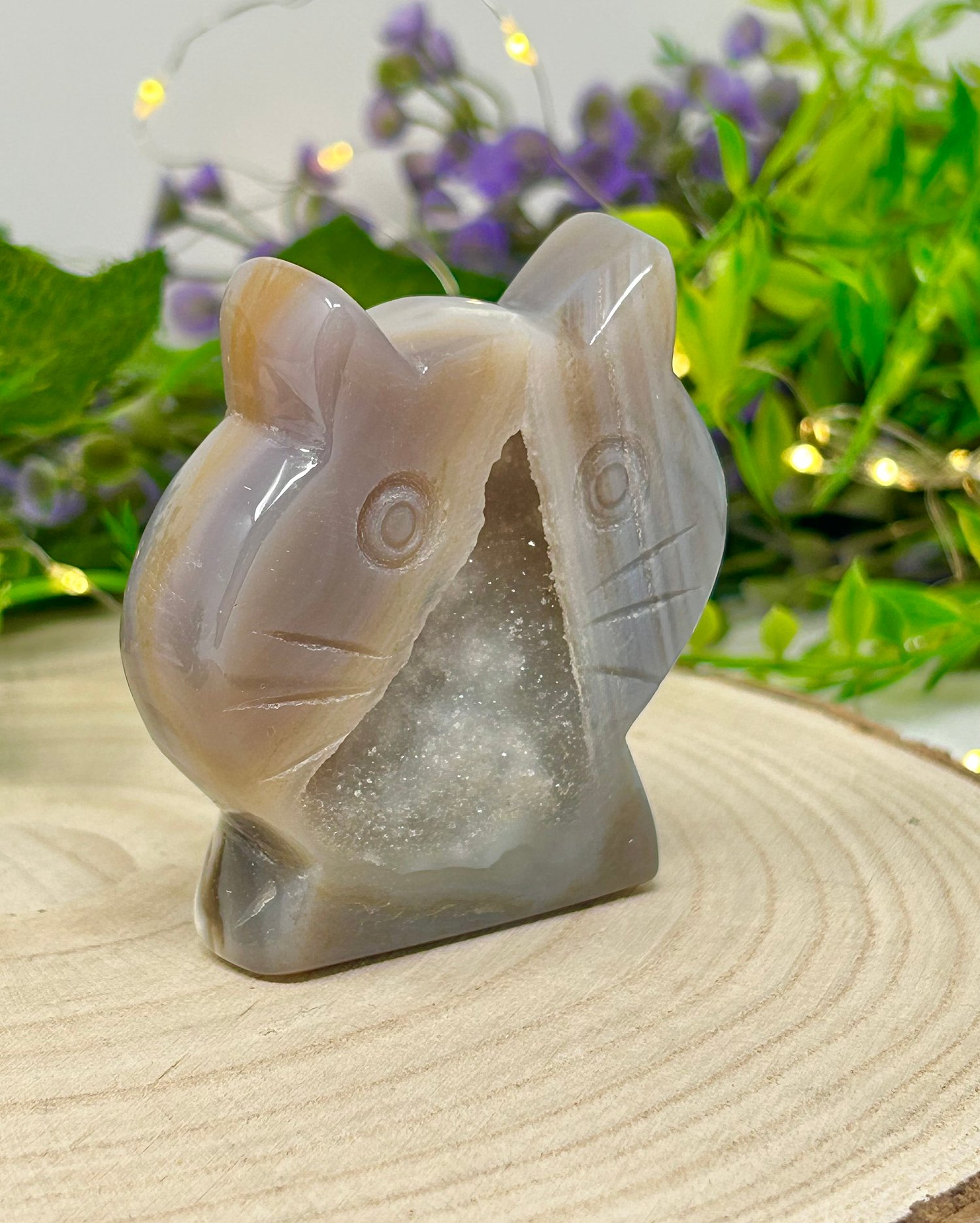 Image of OOAK Crystal Cat Face #1 Hand Carved Natural Agate