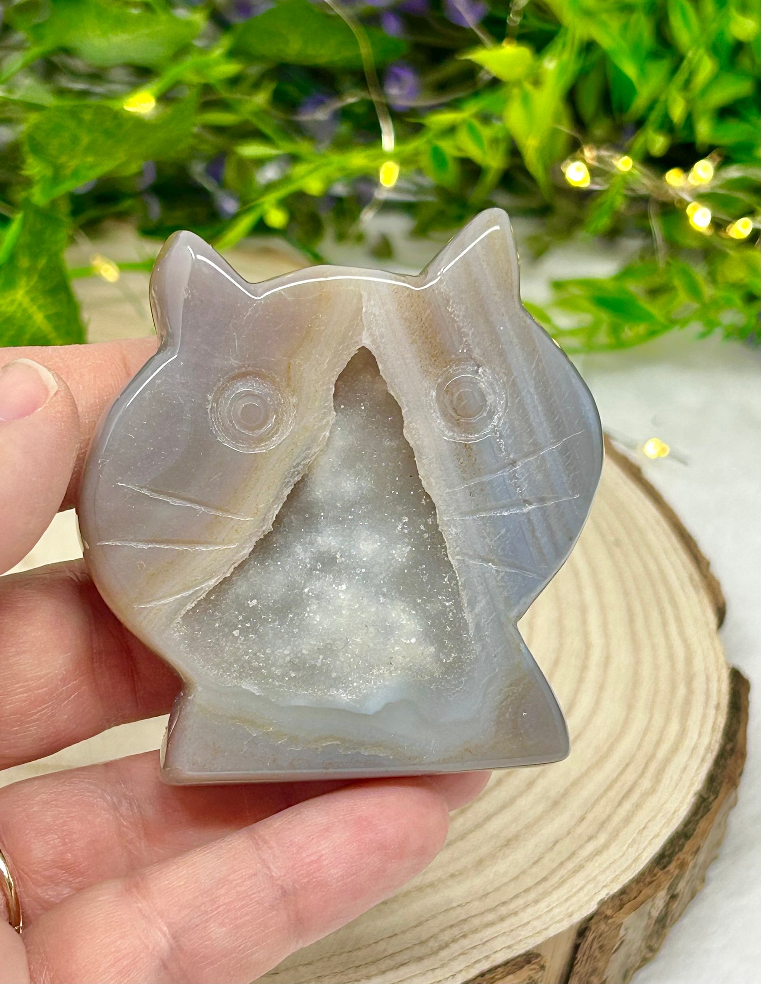 Image of OOAK Crystal Cat Face #1 Hand Carved Natural Agate