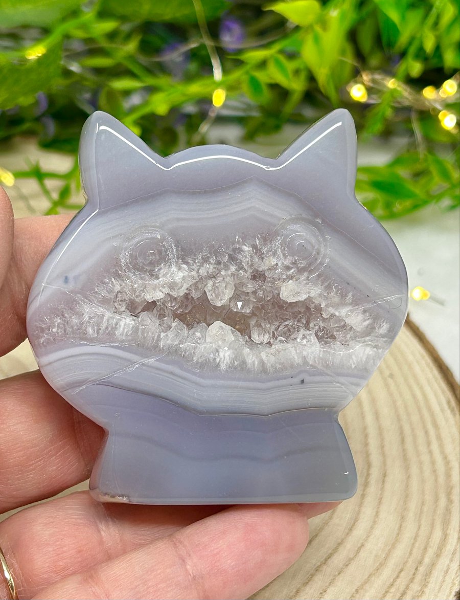 Image of OOAK Crystal Cat Face #2 Hand Carved Natural Agate