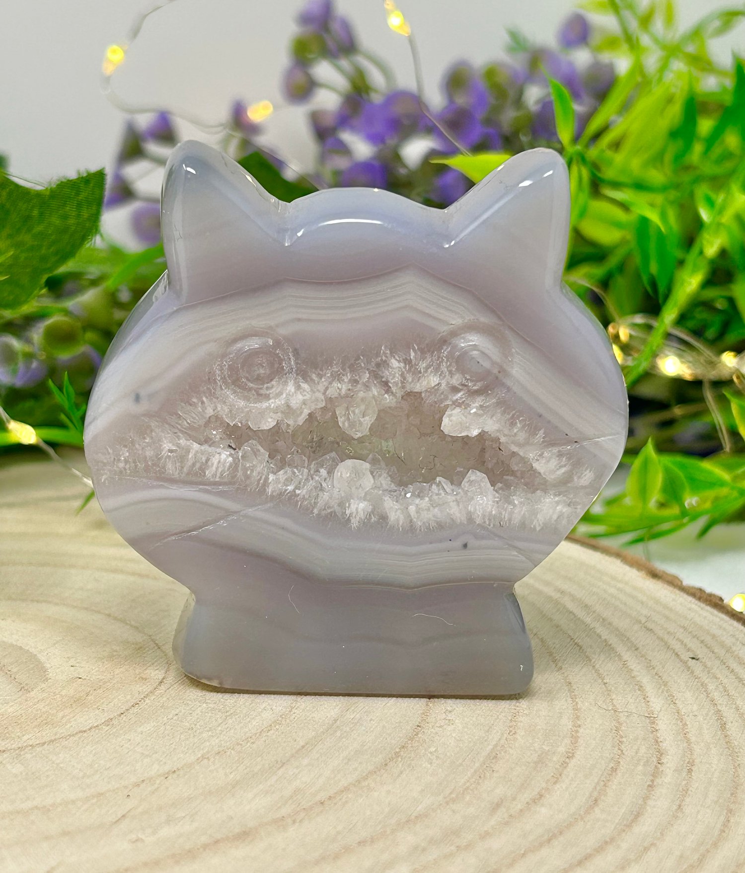 Image of OOAK Crystal Cat Face #2 Hand Carved Natural Agate