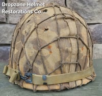 Image 6 of WWII USMC M1 Helmet & Firestone Liner. Marine Camo cover & Netting. 