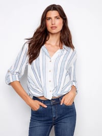 Striped Linen Blend Shirt With Front Twist - Denim