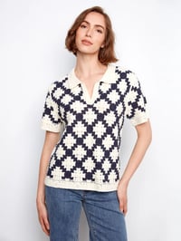 Johnny Collar Crochet Cotton Blend Top - Navy