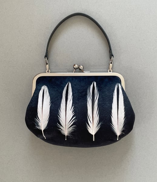 Image of Oystercatcher feathers, velvet clutch bag with optional strap