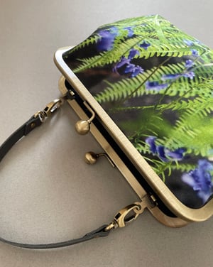 Image of Fern and bluebells, velvet clutch bag with optional strap