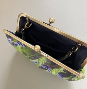 Image of Fern and bluebells, velvet clutch bag with optional strap