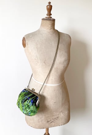 Image of Fern and bluebells, velvet clutch bag with optional strap