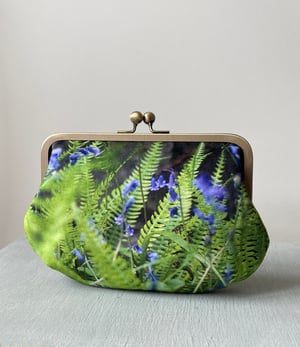 Image of Fern and bluebells, velvet clutch bag with optional strap