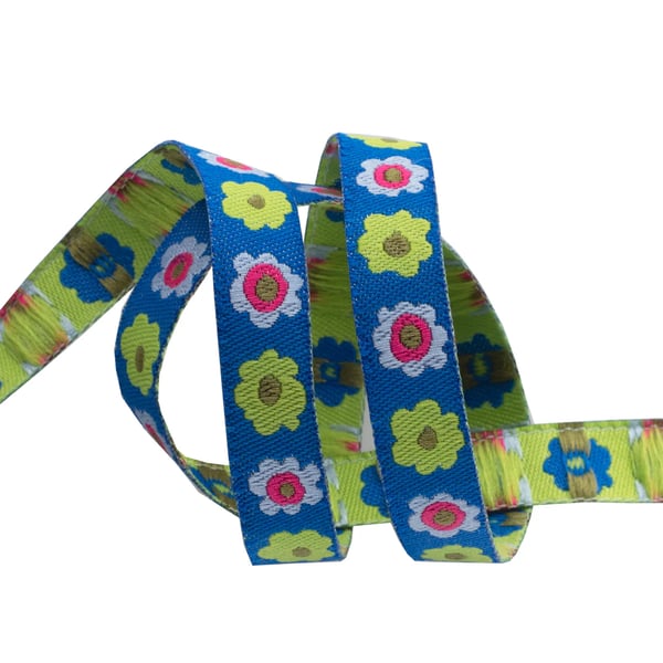 Image of Blue Narrow Flowers 3/8" Wide Ribbon  2 Yard Cuts