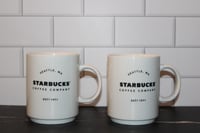 Image 1 of Starbucks Seattle WA Coffee Mug Set of 2 14oz Stackable White