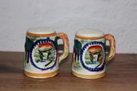 Image 1 of Vintage Elk in Forest Natural Bridge VA Beer Stein Salt &amp; Pepper Shakers Japan