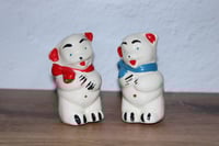 Image 1 of Vintage Shawnee Bear Salt Pepper Shakers Red Blue Bow Ceramic 3”