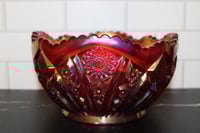 Image 1 of Vintage Red Carnival Glass Bowl Iridescent Starburst Pattern