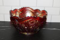 Image 2 of Vintage Red Carnival Glass Bowl Iridescent Starburst Pattern