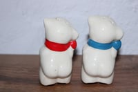 Image 3 of Vintage Shawnee Bear Salt Pepper Shakers Red Blue Bow Ceramic 3”