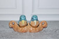 Image 1 of Vtg Porcelain Lusterware Birds Swan Base Hand Paint Japan Salt &amp; Pepper Shakers