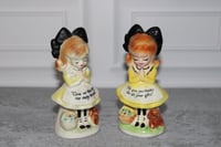 Image 1 of Vintage Enesco Salt &amp; Pepper Shakers Set 2 Prayer Girls yellow black bow 1960's